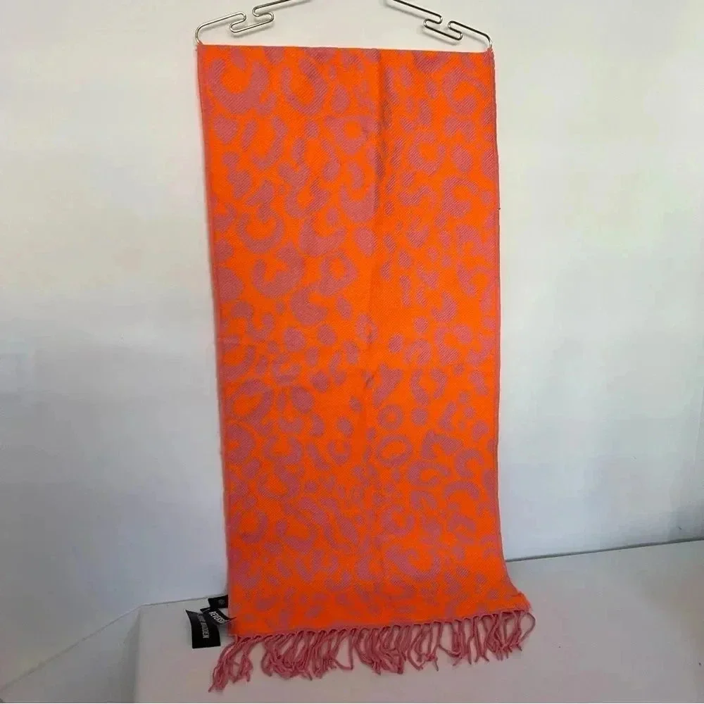 Steve Madden Reversible Leopard Print Scarf Orange Pink With Fringe